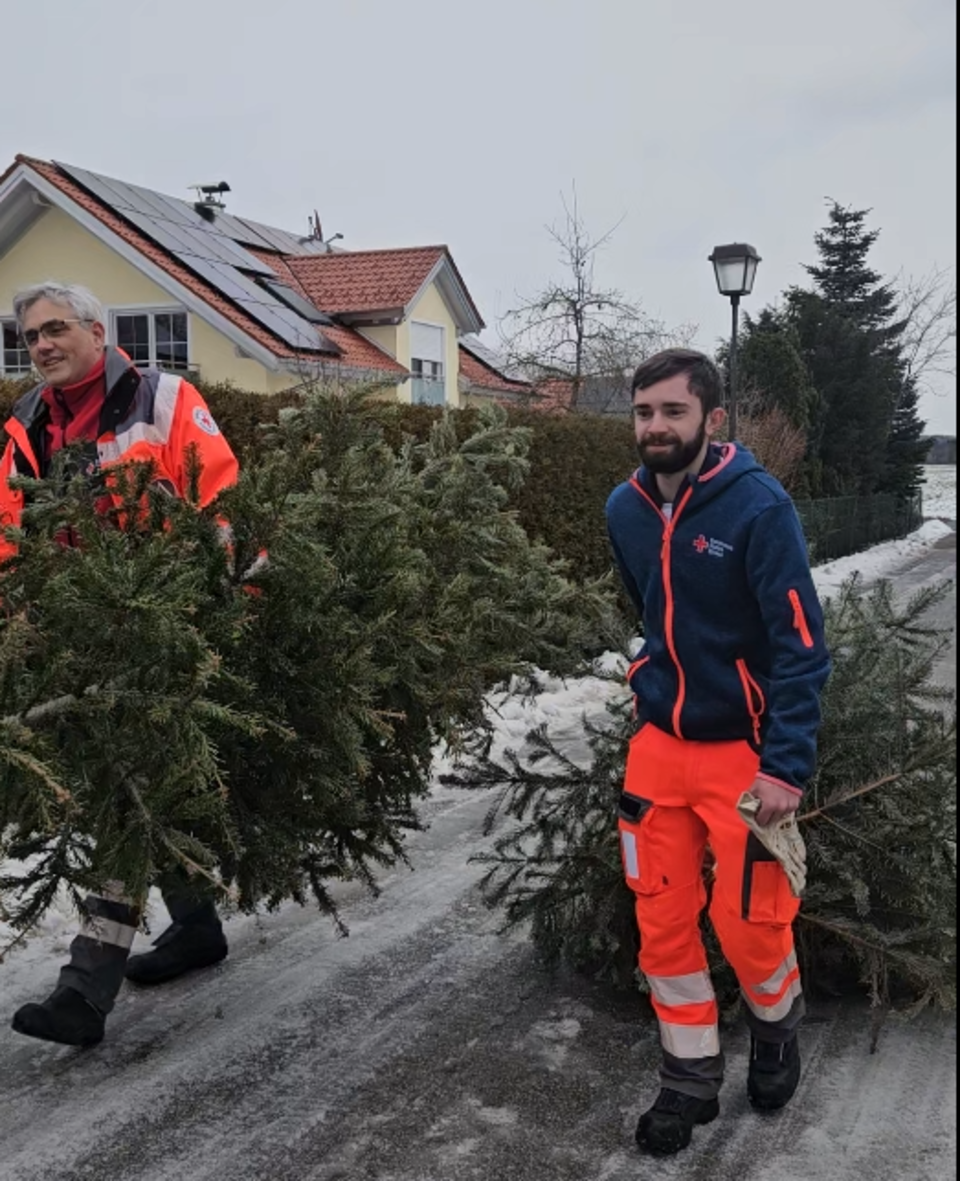 zwei Ehrenamtliche tragen die Christbäume und entsorgen diese
